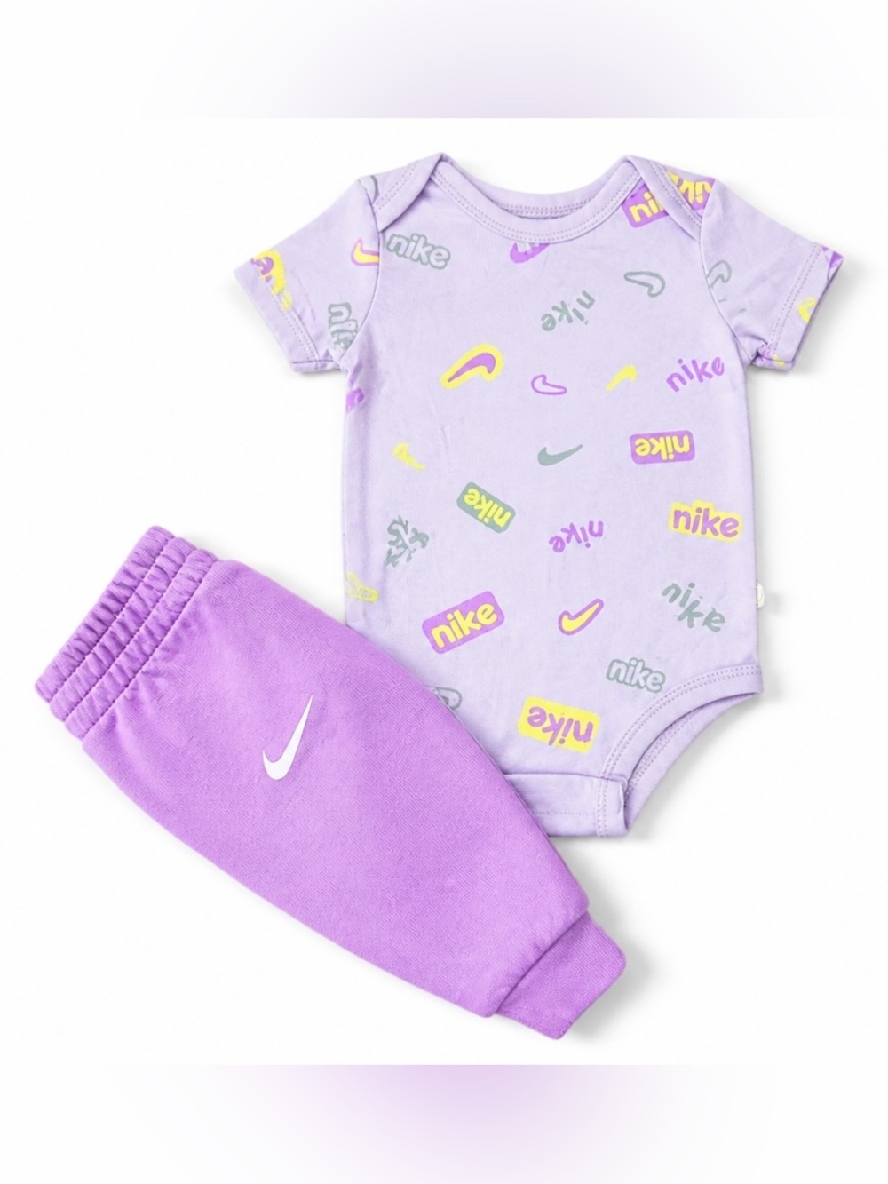 Nike Purple and Yellow Baby Joggers Set 3M